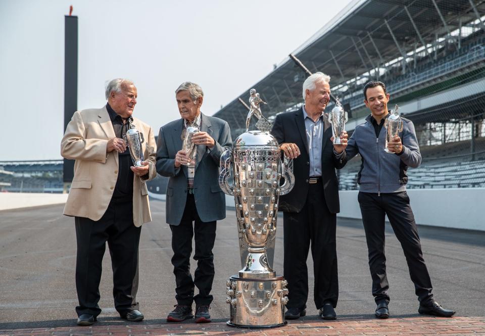 From left, A.J. Foyt, Al Unser, Rick Mears and Helio Castroneves pose for a portrait Tuesday, July 20, 2021, at Indianapolis Motor Speedway. All four men have won the Indianapolis 500 four times. Foyt's wins came in 1961, 1964, 1967 and 1977. Unser's wins came in 1970, 1971, 1978 and 1987. Mears' came in 1979, 1984, 1988 and 1991. And Castroneves' wins came in 2001, 2002, 2009 and 2021.