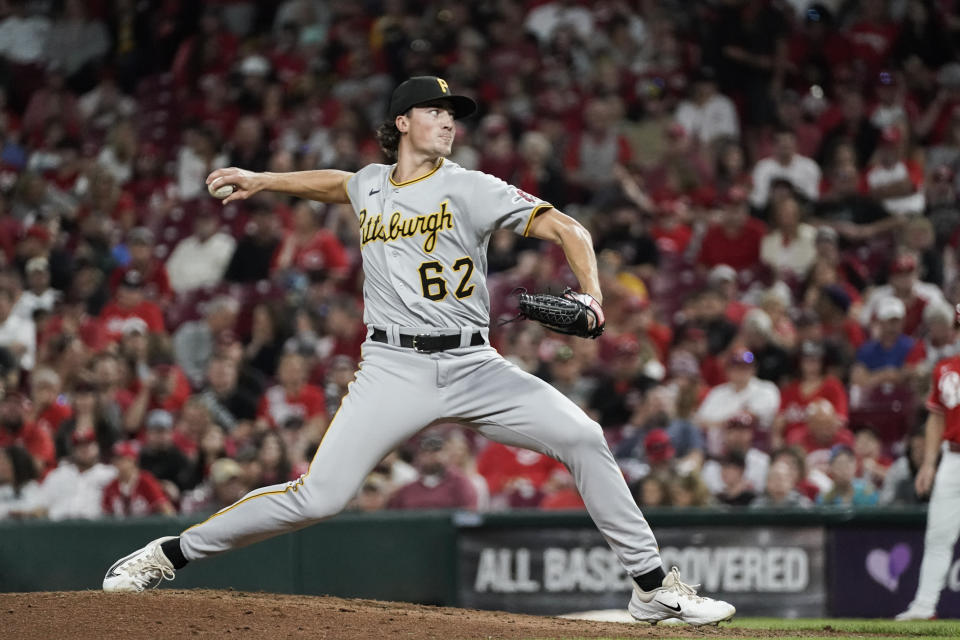 Pittsburgh Pirates pitcher Kyle Nicolas delivers during the fourth inning of the team's baseball game against the Cincinnati Reds, Saturday, Sept. 23, 2023, in Cincinnati. (AP Photo/Joshua A. Bickel)