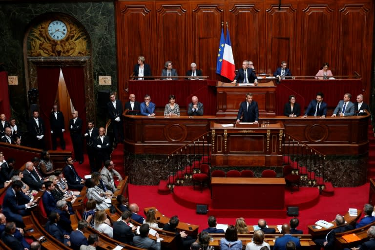 French President Emmanuel Macron addresses a special session of both houses of Parliament (the National Assembly and Senate) at Louis XIV's grandiose Palace of Versailles outside Paris