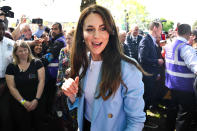 <p>Princess Kate continued her <a href="https://people.com/royals/kate-middleton-coronation-flag-dressing-red-white-blue/" rel="nofollow noopener" target="_blank" data-ylk="slk:patriotic parade;elm:context_link;itc:0;sec:content-canvas" class="link ">patriotic parade</a> through <a href="https://people.com/tag/prince-charles/" rel="nofollow noopener" target="_blank" data-ylk="slk:King Charles;elm:context_link;itc:0;sec:content-canvas" class="link ">King Charles</a>' coronation weekend, layering a light blue blazer by Reiss over a white top with black trousers and white sneakers for a <a href="https://people.com/royals/kate-middleton-prince-william-coronation-big-lunch-surprise-appearance-windsor/" rel="nofollow noopener" target="_blank" data-ylk="slk:Big Lunch;elm:context_link;itc:0;sec:content-canvas" class="link ">Big Lunch</a> in Windsor on May 7.</p>