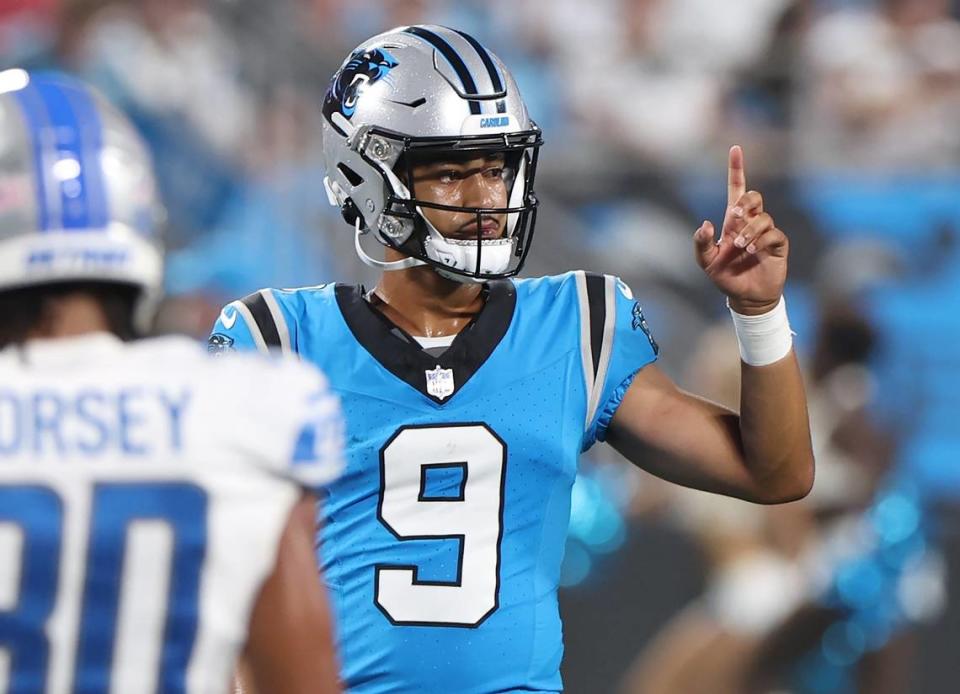 Carolina Panthers quarterback Bryce Young looks to the sideline as he calls a play during first quarter action against the Detroit Lions on Friday, August 25, 2023 at Bank of America Stadium in Charlotte, NC. JEFF SINER/jsiner@charlotteobserver.com