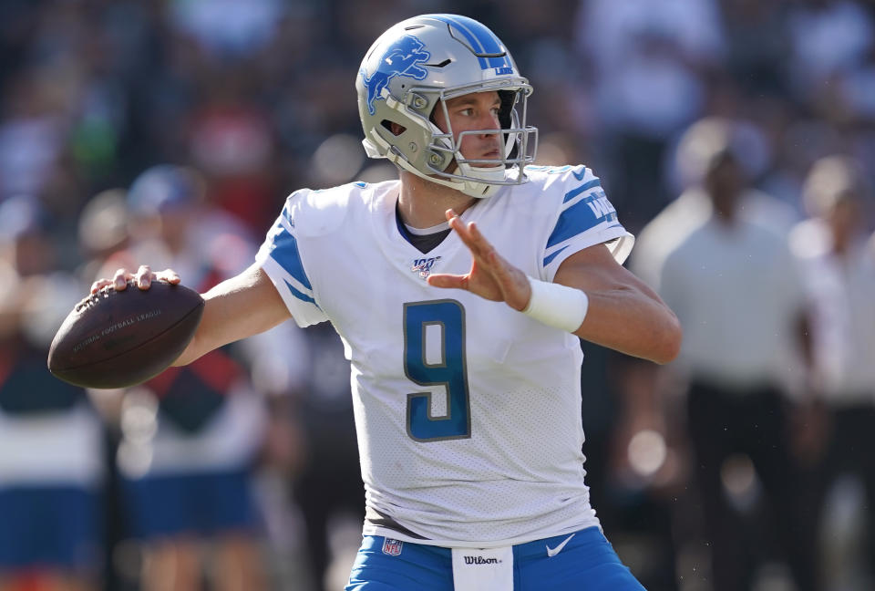 OAKLAND, CALIFORNIA - NOVEMBER 03: Matthew Stafford #9 of the Detroit Lions drops back to pass against the Oakland Raiders during the second quarter of an NFL football game at RingCentral Coliseum on November 03, 2019 in Oakland, California. (Photo by Thearon W. Henderson/Getty Images)