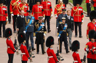 <p>WINDSOR, ENGLAND - SEPTEMBER 19: King Charles III, Princess Anne, Princess Royal, Prince Andrew, Duke of York, Prince Edward, Earl of Wessex, (2nd row from L) Prince William, Prince of Wales, Prince Harry, Duke of Sussex, Peter Phillips, (3rd row from L) Prince Richard, Duke of Gloucester and Vice Admiral Timothy Laurence join the Procession following State Hearse carrying the coffin of Queen Elizabeth II towards St George's Chapel on September 19, 2022 in Windsor, England. The committal service at St George's Chapel, Windsor Castle, took place following the state funeral at Westminster Abbey. A private burial in The King George VI Memorial Chapel followed. Queen Elizabeth II died at Balmoral Castle in Scotland on September 8, 2022, and is succeeded by her eldest son, King Charles III. (Photo by Ryan Pierse/Getty Images)</p> 