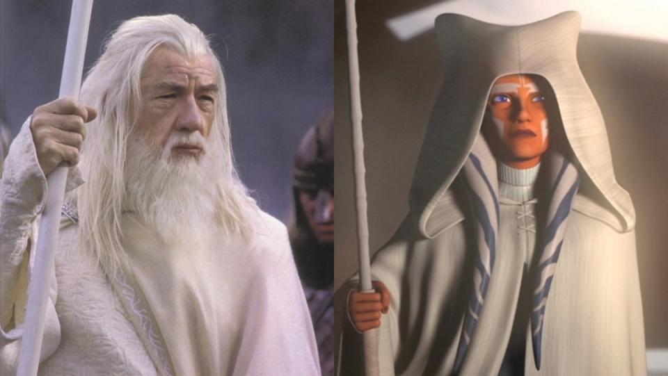 Gandalf the White with his staff and Ahsoka in white with hers