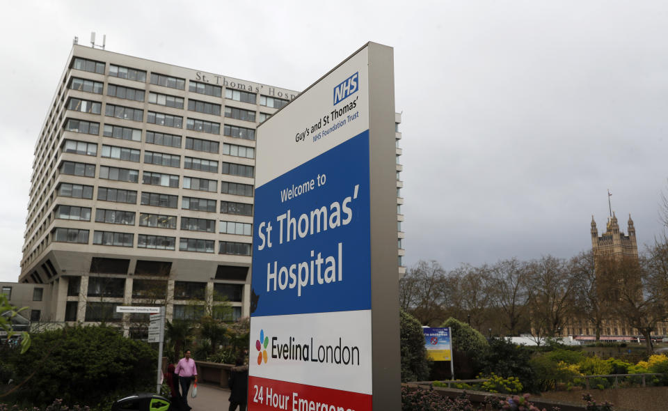 A view of St Thomas' Hospital in Westminster where Britain's Prime Minister Boris Johnson is undergoing tests after suffering from coronavirus symptoms, in London, Monday, April 6, 2020. British Prime Minister Boris Johnson has been admitted to a hospital with the coronavirus. Johnson's office says he is being admitted for tests because he still has symptoms 10 days after testing positive for the virus. (AP Photo/Frank Augstein)