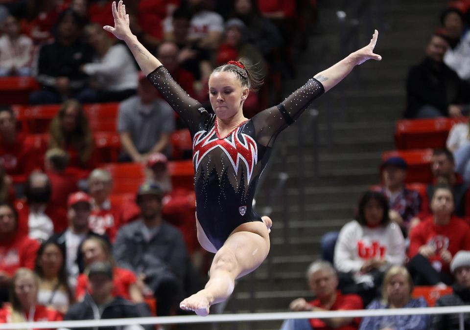 Utah’s Maile O’Keefe performs a perfect 10 beam routine while competing against Boise State in a gymnastics meet at the Huntsman Center in Salt Lake City on Friday, Jan. 5, 2024. The Utah Red Rocks won. | Kristin Murphy, Deseret News