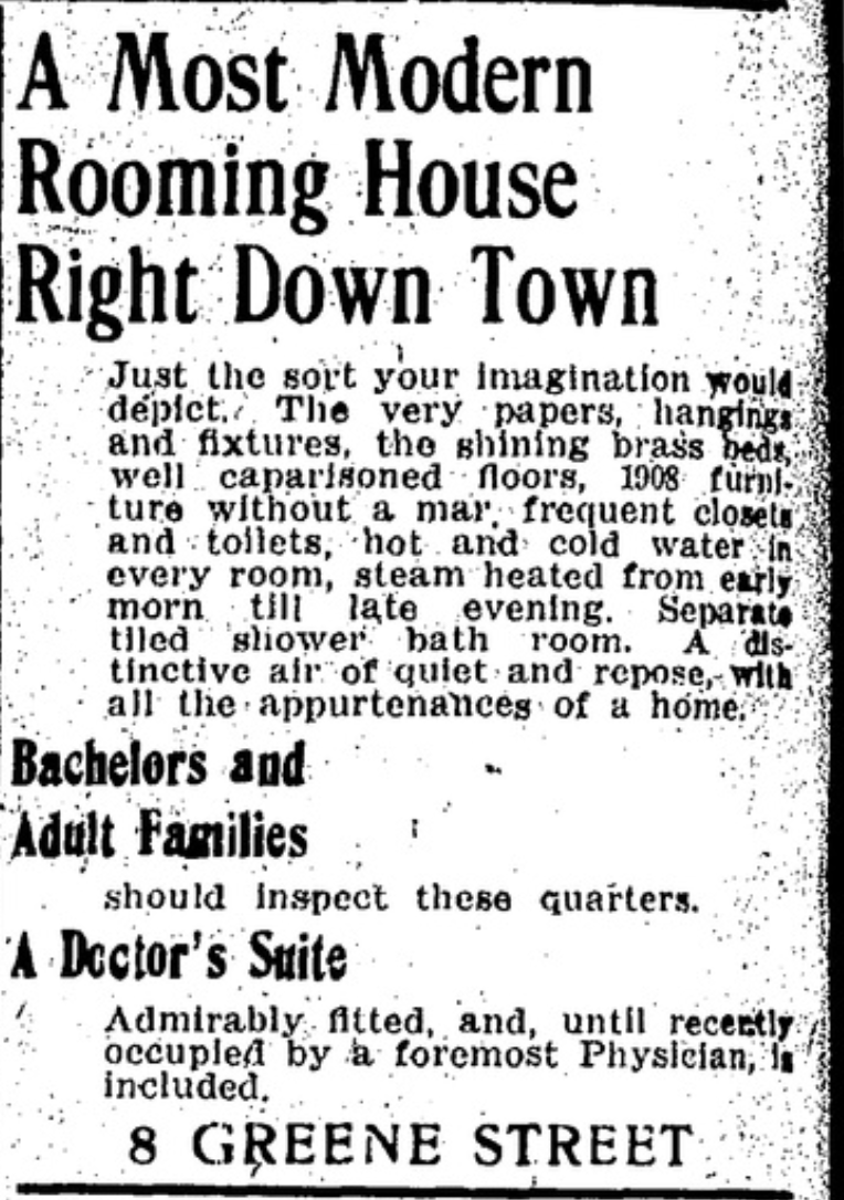 An ad that appeared in the Sept. 18, 1908, edition of The Providence Journal promised a "thoroughly modern" rooming house for bachelors and adult families.