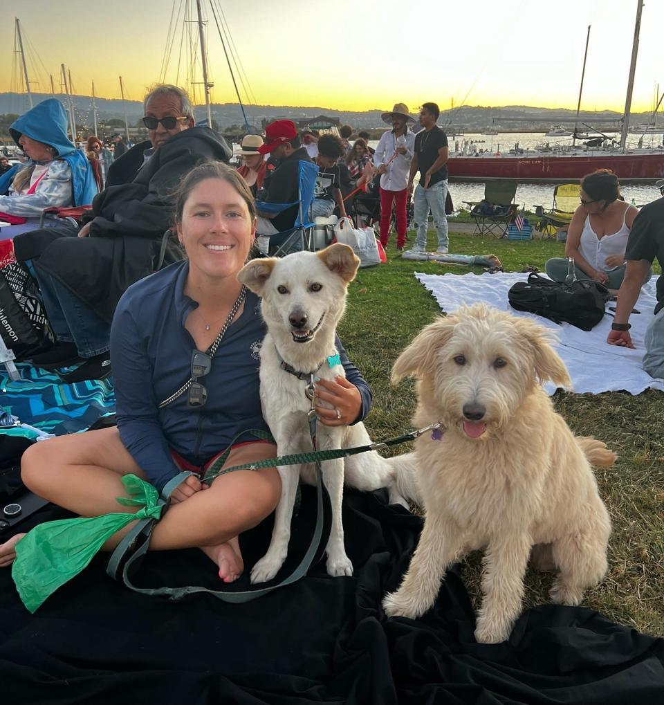 Elizabeth Dalonzo with Leilani and Coconut at the Port of Redwood City for the Fourth of July fireworks.
