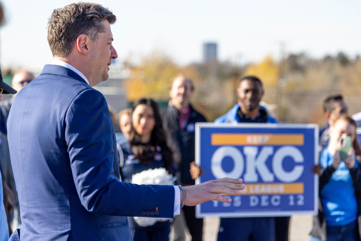 Mayor David Holt speaks Dec. 7 during a rally in favor of a new arena in Oklahoma City.