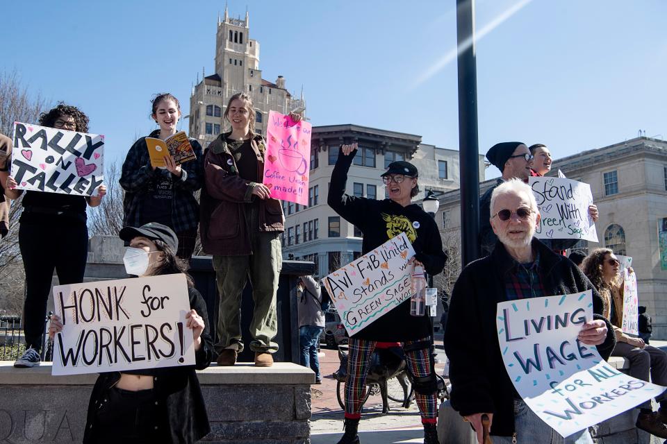 Green Sage workers and supporters rallied in Pack Square to support unionizing February 14, 2023.