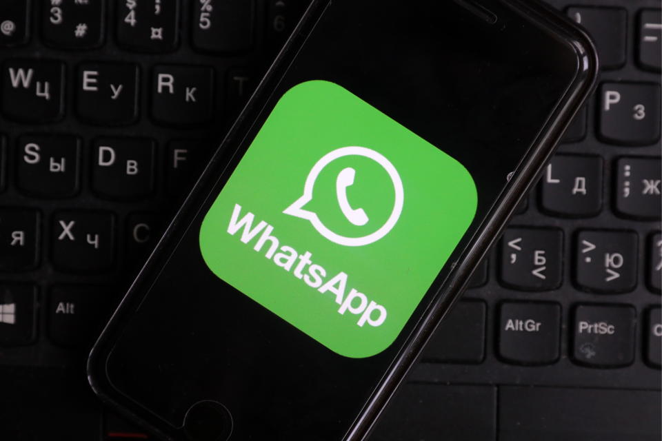 ST PETERSBURG, RUSSIA - MAY 14, 2019: Pictured in this photo illustration is the WhatsApp application logo launched on a mobile phone; criminals have been installing spyware on mobile phones via WhatsApp audio calls. Sergei Konkov/TASS (Photo by Sergei Konkov\TASS via Getty Images)