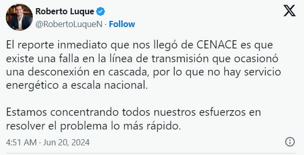 公共工程部長盧克（Roberto Luque）發文表示，目前正在集中全力解決停電問題。（圖／翻攝自X）