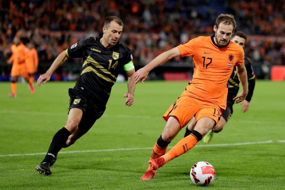 Roy Chipolina, left, in action for Gibraltar against the Netherlands last year.