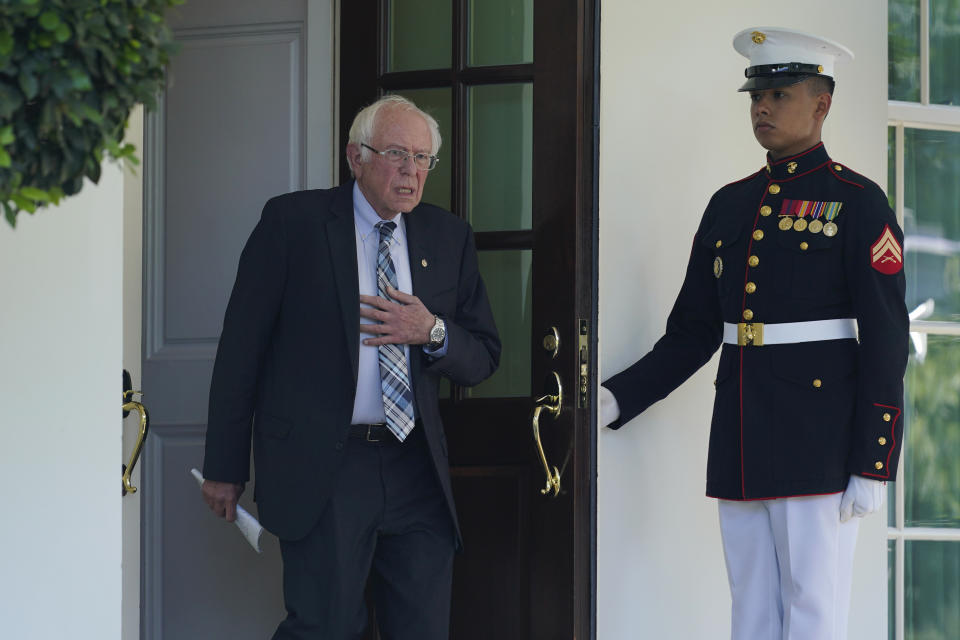 Sen. Bernie Sanders, I-Vt., walks out to talk to reporters outside the West Wing of the White House in Washington, Monday, July 12, 2021, following his meeting with President Joe Biden. (AP Photo/Susan Walsh)