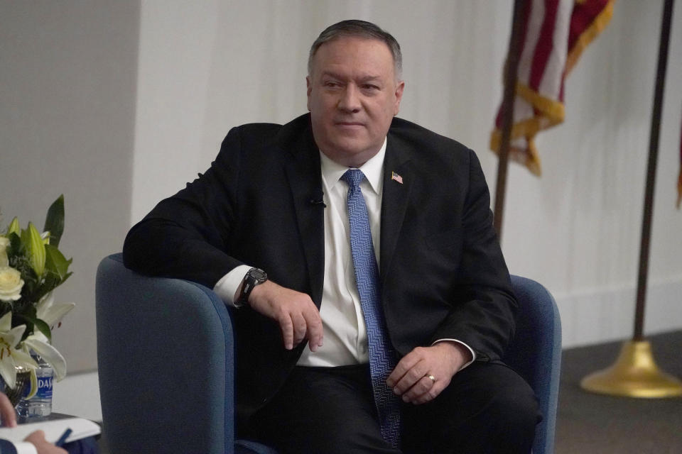 Secretary of State Mike Pompeo speaks at Georgia Tech, Wednesday, Dec. 9, 2020, in Atlanta. (AP Photo/John Bazemore)