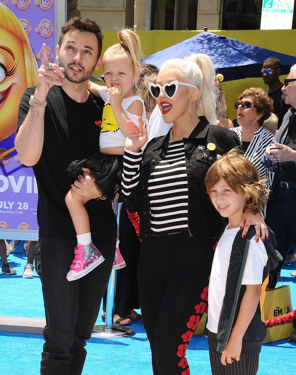 Aguilera with her family&nbsp;at the premiere of "The Emoji Movie" in&nbsp;Los Angeles, July 23, 2017. (Photo: Jason LaVeris via Getty Images)