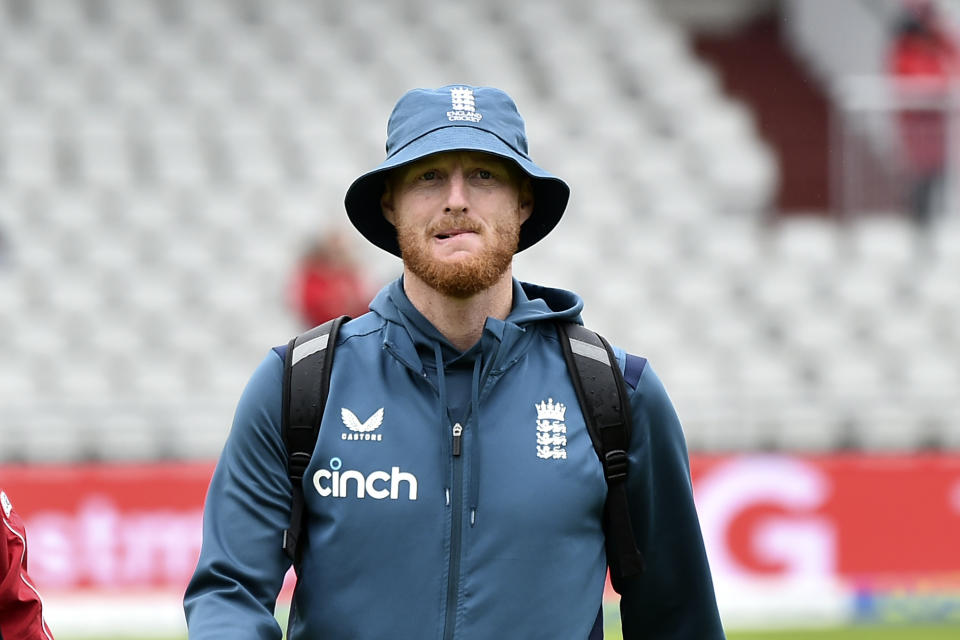 England's Ben Stokes arrives for the fifth day of the fourth Ashes Test match between England and Australia at Old Trafford, Manchester, England, Sunday, July 23, 2023. (AP Photo/Rui Vieira)