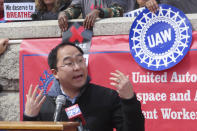 U.S. Rep. Andy Kim, a candidate for the Democratic nomination for a U.S. Senate seat, speaks in support of Atlantic City casino workers during a rally in Trenton N.J., Friday, April 5, 2024, after the United Auto Workers and casino workers filed a lawsuit challenging New Jersey's clean indoor air law that exempts casino workers from its protections. (AP Photo/Wayne Parry)