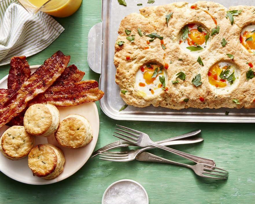 Sheet Pan Ricotta-Chive Biscuits with Baked Eggs