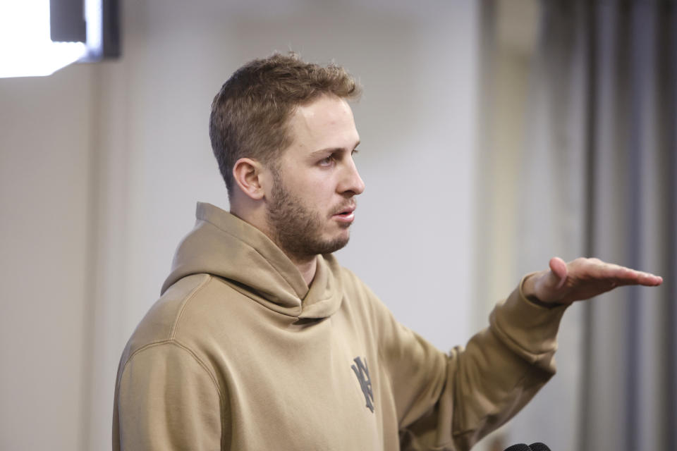 Detroit Lions quarterback Jared Goff addresses the media after an NFL football game against the Minnesota Vikings, Sunday, Jan. 7, 2024, in Detroit. (AP Photo/Duane Burleson)