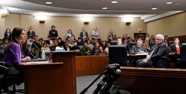 PHOTO: Liz Padilla speaks about how she once was happily pregnant, only to find out that the pregnancy was not viable and then chose to terminate the pregnancy during a hearing, Jan. 5, 2023 at the Minnesota State Office Building in St. Paul, Minn. (David Joles/AP)