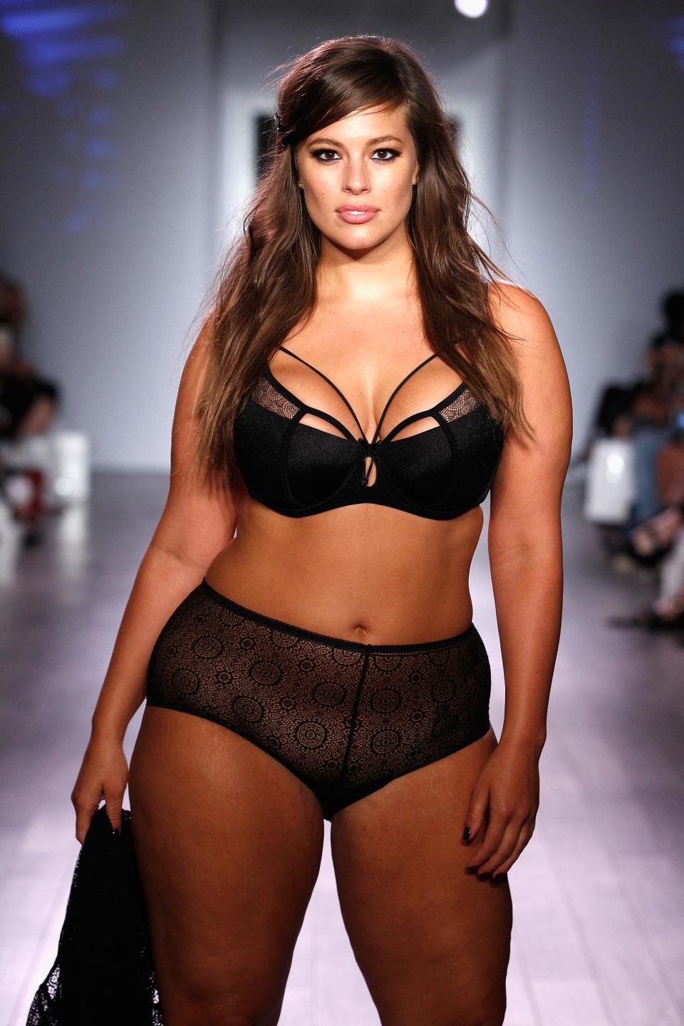 <p>Ashley modelling some Addition Elle lingerie at New York Fashion Week in 2015.</p>