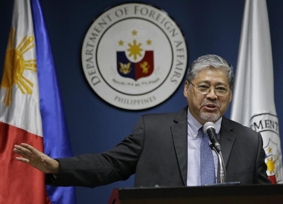 Acting Philippine Foreign Secretary Enrique Manalo answers questions from reporters in Manila, Philippines, Thursday, March 16, 2017. Australia urged Southeast Asian nations and China to conclude a legally-binding code of conduct in the South China Sea as soon as possible, voicing concern Thursday to the scale of reclamation and construction by China in the disputed territory. Manalo said in a separate news conference that diplomats from ASEAN member states and China were progressing in efforts to draft a framework of the code although he refused to provide details. (AP Photo/Aaron Favila)