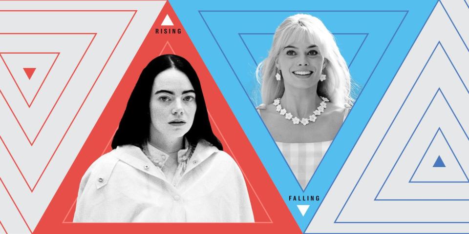 Emma Stone in 'Poor Things' ; Margot Robbie in 'Barbie'