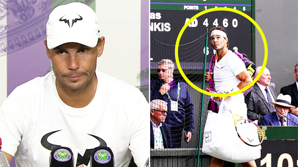 Rafa Nadal (pictured left) during a Wimbledon press conference and (pictured right) Nadal walking off court after a rain delay.