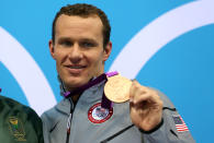 Bronze medalist <a href="http://sports.yahoo.com/olympics/swimming/brendan-hansen-1133055/" data-ylk="slk:Brendan Hansen;elm:context_link;itc:0;sec:content-canvas" class="link ">Brendan Hansen</a> of the United States poses on the podium during the medal ceremony following the Men's 100m Breastsroke final on Day 2 of the London 2012 Olympic Games at the Aquatics Centre on July 29, 2012 in London, England. (Photo by Clive Rose/Getty Images)