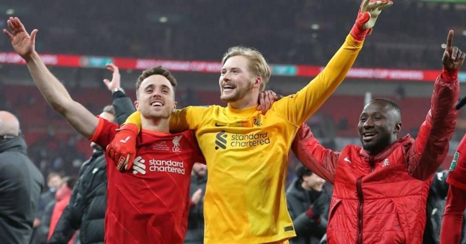 Diogo Jota Caoimhin Kelleher Naby Keita Liverpool after Carabao Cup final at Wembley March 2022 Credit: Alamy