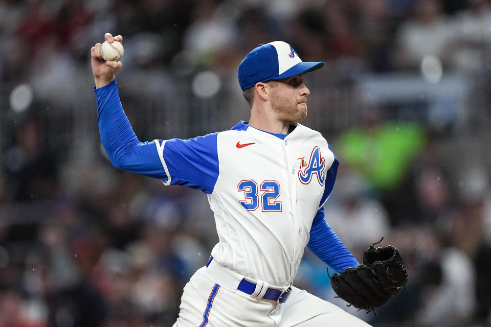 Atlanta Braves relief pitcher Collin McHugh works in the fourth inning of a baseball game against the Milwaukee Brewers, Friday, July 28, 2023, in Atlanta. (AP Photo/John Bazemore)