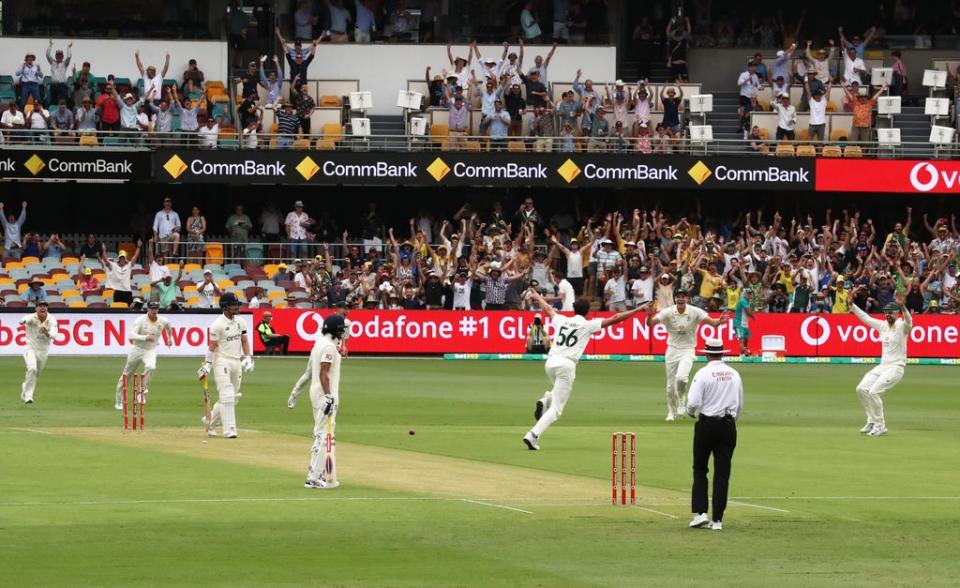 Rory Burns is skittled first ball by Mitchell Starc at The Gabba (Jason O’Brien/PA) (PA Wire)