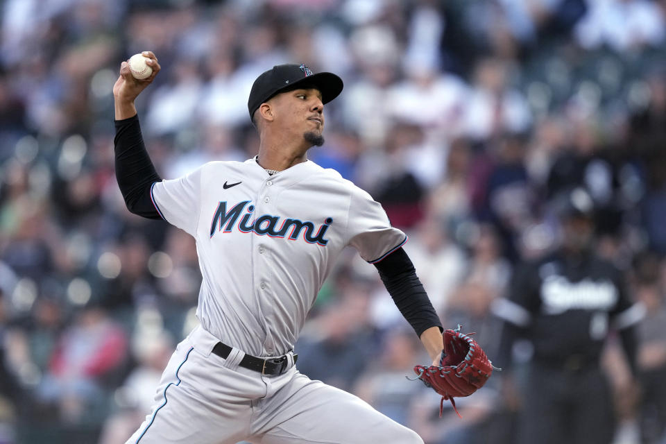 Miami Marlins starting pitcher Eury Perez delivers during the first inning of the team's baseball game against the Chicago White Sox on Friday, June 9, 2023, in Chicago. (AP Photo/Charles Rex Arbogast)
