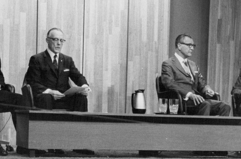 Eastman Kodak Board Chairman William Vaughn (left) and President Louis Eilers in 1970. They commissioned a study in 1967 from Simulmatics Corp. and Daniel Patrick Moynihan on race relations in Rochester.