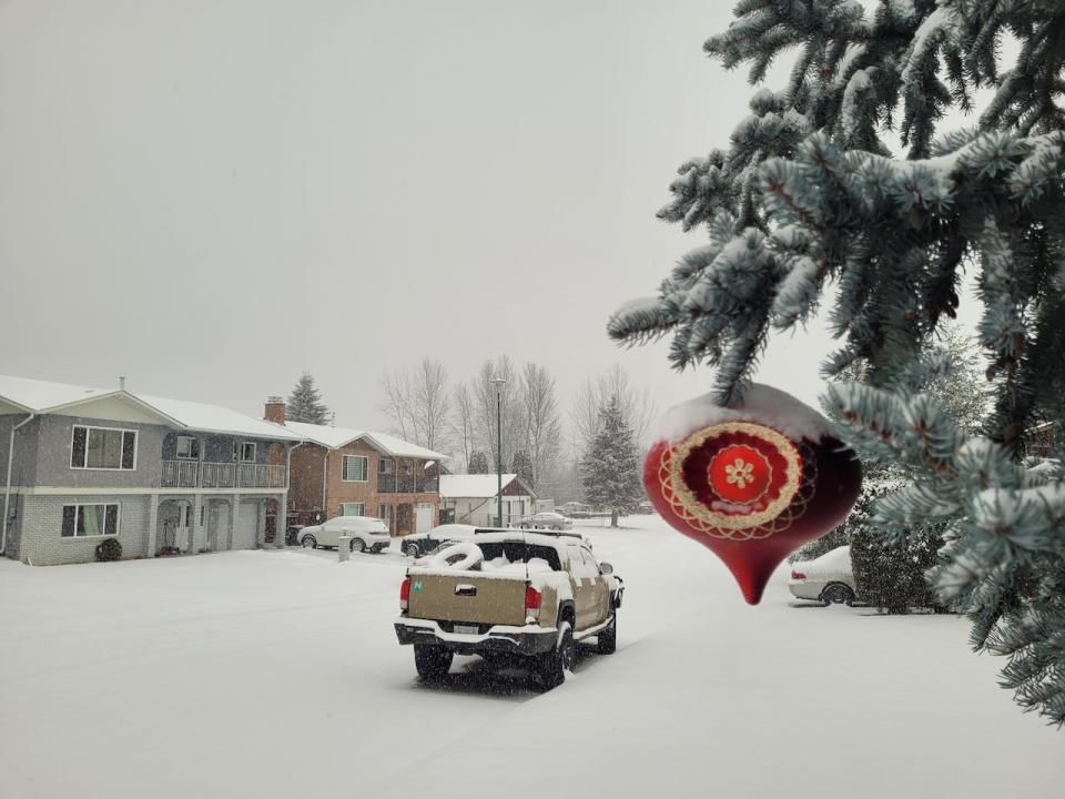 Snow is pictured in a Prince George, B.C., neighbourhood on Saturday, Dec. 9, 2023.