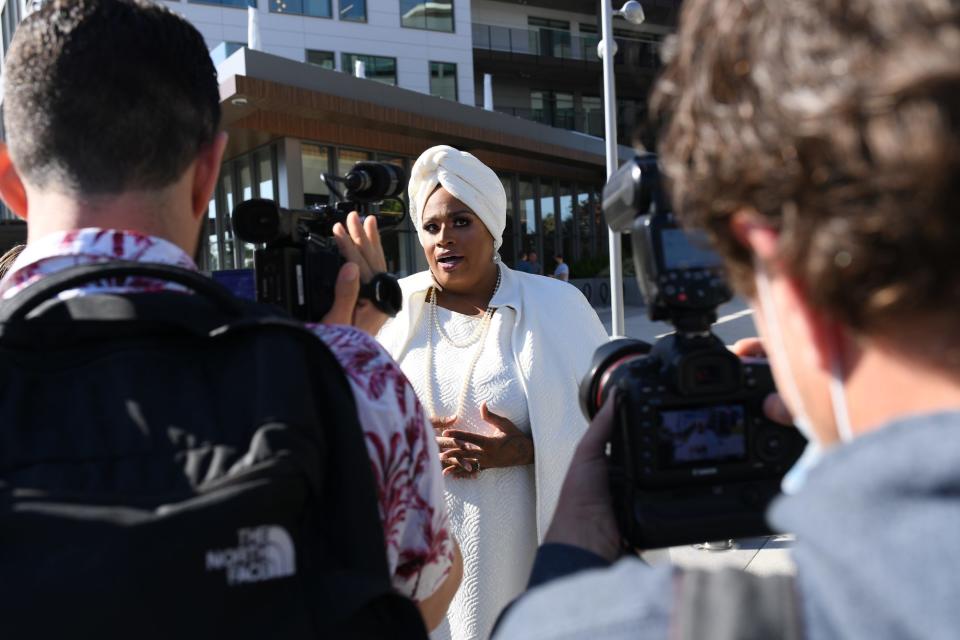 Ashley Marie Preston (she/her) joins protesters gathering outside the Netflix offices to protest the company’s response to Dave Chappelle’s special “The Closer” - Credit: Michael Buckner for Variety