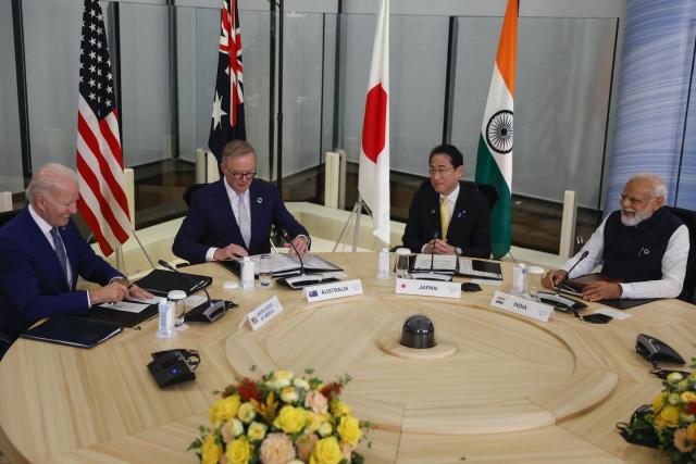 US President Joe Biden, from left, Australia’s Prime Minister Anthony Albanese, Japan’s Prime Minister Fumio Kishida and India’s Prime Minister Narendra Modi hold a Quad meeting on the sidelines of the G7 summit. Jonathan Ernst/Pool Reuters/AP