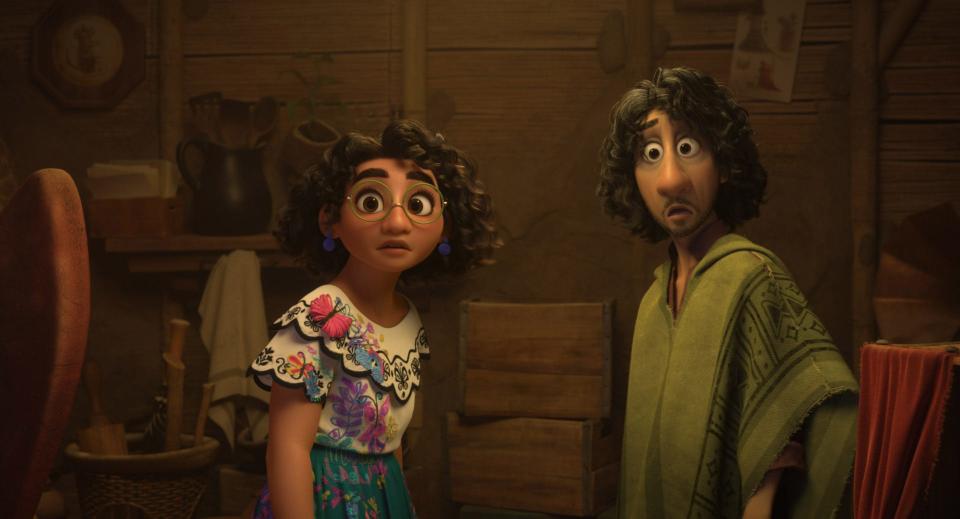 In Disney's "Encanto," Mirabel (voiced by Stephanie Beatriz) meets her mysterious uncle Bruno (John Leguizamo), who is the subject of breakout hit "We Don't Talk About Bruno."