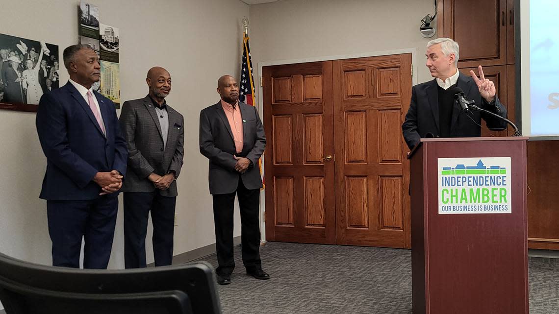 Independence Mayor Rory Rowland, at podium, and from left, Jackson County Executive Frank White, Blue Springs Mayor Carson Ross and Grandview Mayor Leonard Jones at a press conference Feb. 5 to remind Jackson County voters about two pot sales tax questions on the April 4 ballot.