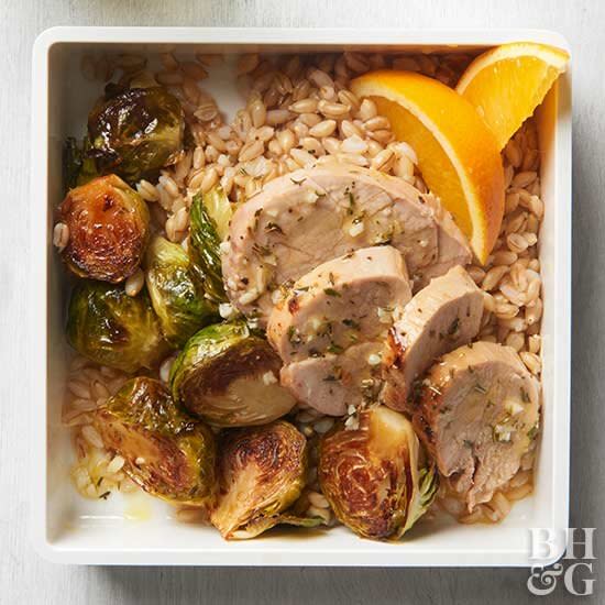 When you need a comfort food recipe under 400 calories, this pork and barley bowl makes the perfect choice. It's at its best in the fall and winter months when Brussels sprouts and citrus are in peak season.