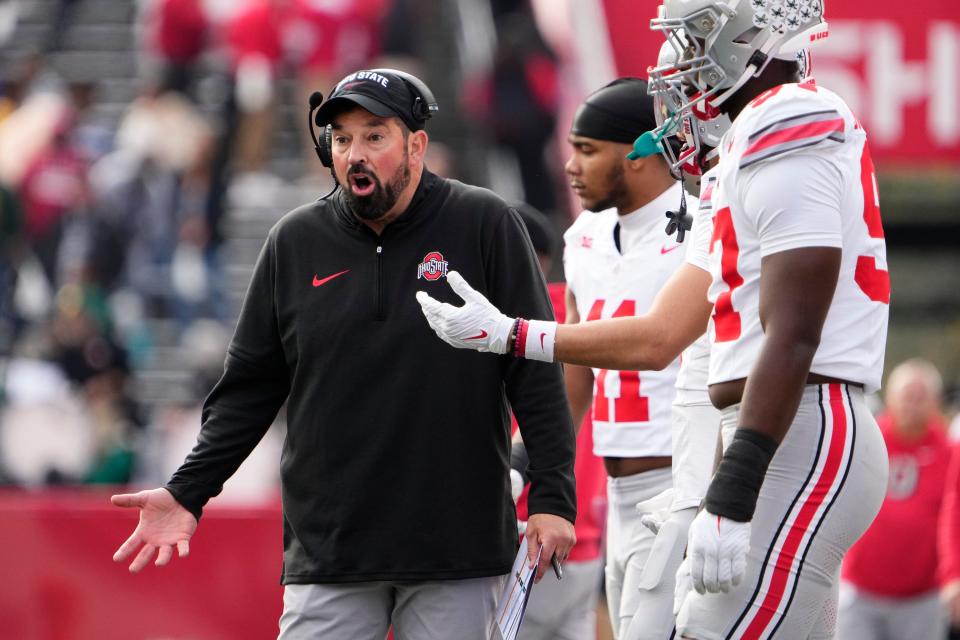 Ohio State head coach Ryan Day reacts after what he called a miscommunication on a fourth-down special teams play.
