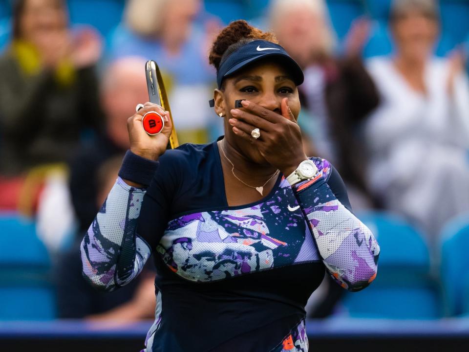 Serena Williams of the United States reacts to a shot by doubles partner Ons Jabeur of Tunisia while playing against Marie Bouzkova of the Czech Republic and Sara Sorribes Tormo of Spain in the first round of doubles on Day 4 of the Rothesay International at Devonshire Park