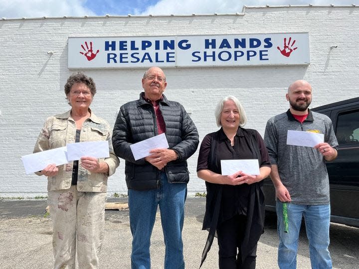 Canton Helping Hands Resale Shoppe distributed $10,590 among the following groups pictured from the left: Cuba Elementary & Youth Life, represented by Linda Ford; Canton Area Heritage Center, Jim Morgan; Health & Wellness Center, Missy Kolowski and Stingers Wrestling, Chase Holloway.