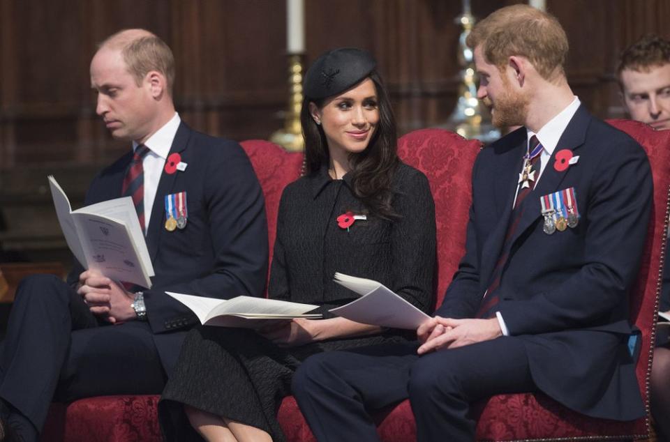 Prince William, Meghan Markle and Prince Harry attend an Anzac Day service in 2018 | Eddie Mulholland - WPA Pool/Getty Images)