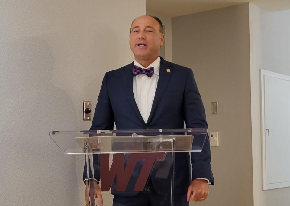 Weatherford College President Tod Farmer speaks about a new memorandum of understanding with West Texas A&M, which grants Weatherford undergraduates easier access to WT's graduate program, Wednesday afternoon in the WT President's Office Suite.