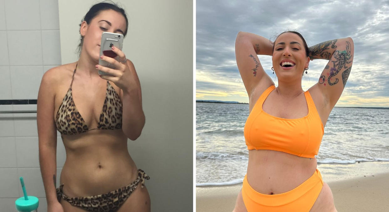 Bella Davis has 260K followers on Instagram, who love her body-positive posts. Pictured left during her eating disorder and right, now recovered. (Supplied)