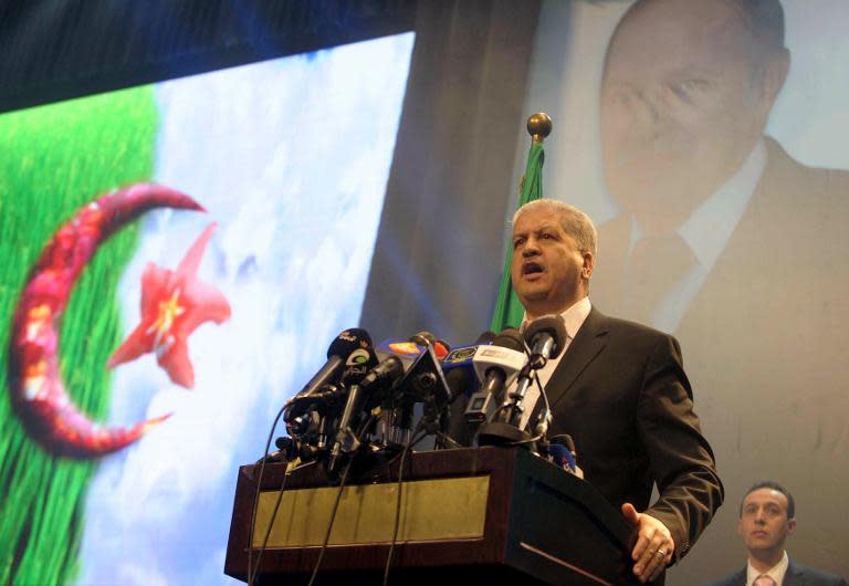 Algerian president's campaign manager Abdelmalek Sellal delivers a speech on March 15, 2014 during a political meeting in Algiers