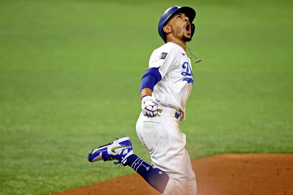 Mookie Betts celebrates after hitting a home run in Game 6 of the World Series.