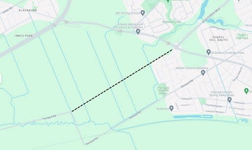 The black dashed line represents the approximate route of the proposed two-lane connection between Brian Coburn Boulevard and Renaud Road. (Google Maps/CBC - image credit)